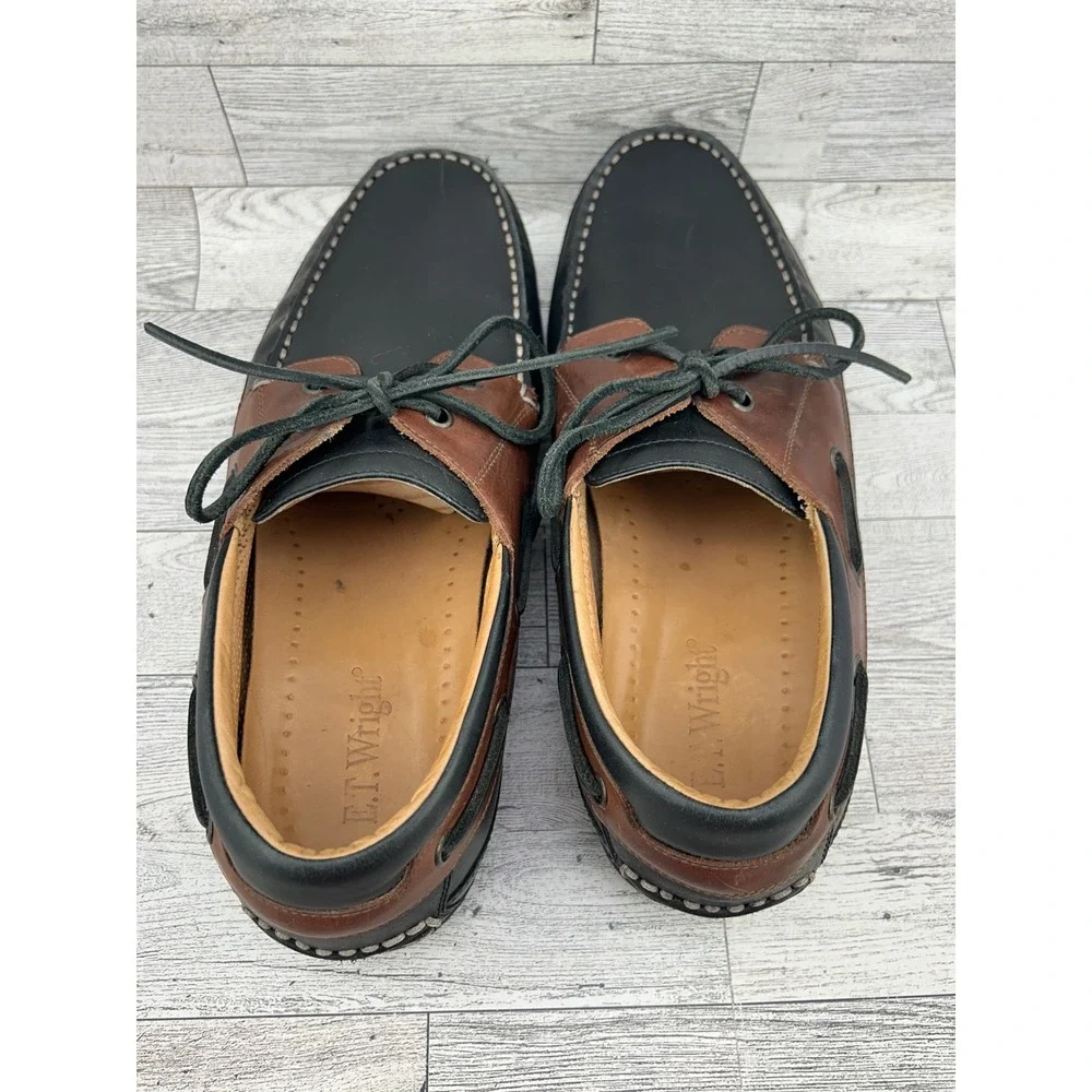 ET Wright Venezia Mens 9.5 Boat Shoes Black Brown Leather‎ Made in Italy 543549